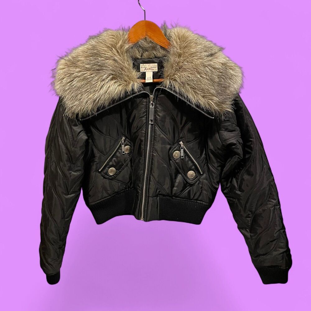 Vintage Y2K black quilted puffer crop jacket faux fur wide collar Miss Bisou